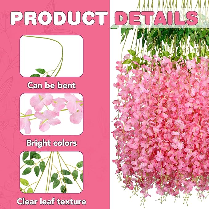 Wisteria Hanging Flowers,Fake Hanging Flowers,Wisteria artificiales Garland for Home Wedding Arch Floral Party Garden Ceremony Outdoor Decor,3.6 feet Long(12,Pink)
