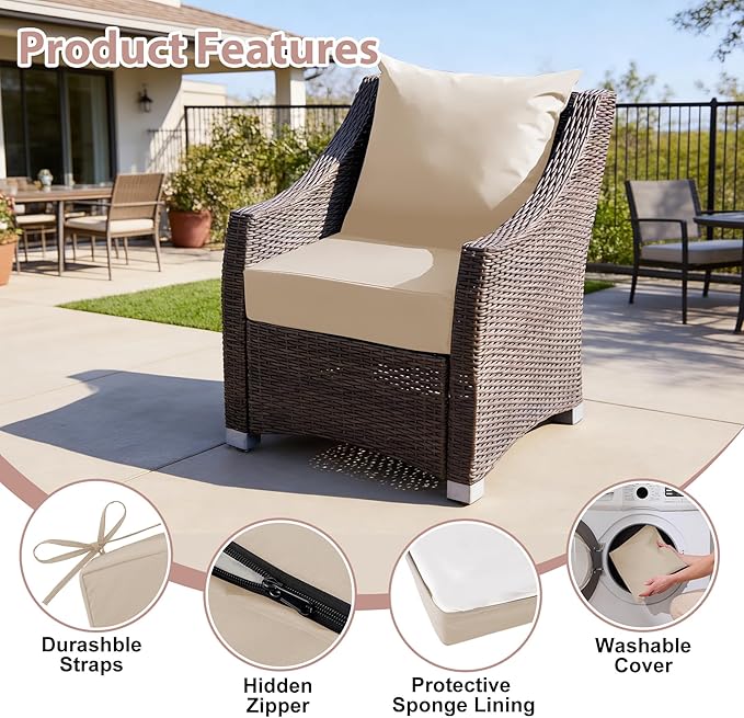 Outdoor Deep Seat Cushion Set, 24x24 Inch Water-Resistant & Fade-Resistant Outdoor Chair Cushions, Patio Furniture Cushions with Removable Cover for Patio Chair, Sofa, Beige (Set of 2)