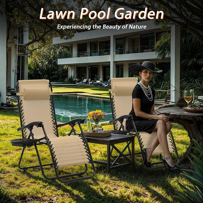 Zero Gravity Chairs, Portable Folding Reclining Lounge Chairs with Adjustable Pillow and Cup Holder Trays for Outdoor, Patio, Beach, Camping, Garden, Poolside, Beige