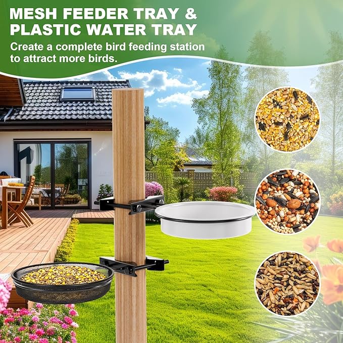 Bird Feeder for Railing Pole, Bird Feeding Station with Metal Mesh Food Tray and Water Bowls Adjustable 2.7" Pole Hummingbird Feeders for Outside Birdbaths Birdfeeder Fences Deck