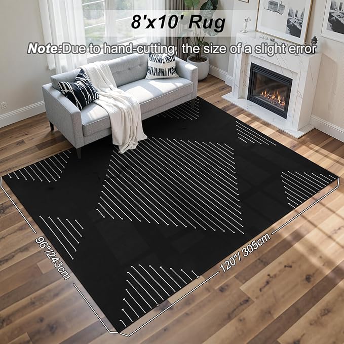 LIVEBOX Boho Black Area Rug 8 x 10 for Living Room, Bedroom Washable Moroccan Cotton Rugs, Large Carpet Thin Indoor Floor Rug for Dining Room, Home Office