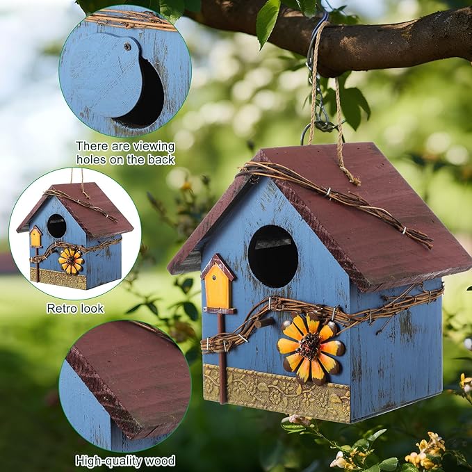 2 Pcs Decorative Birdhouse for Yard Outside Hanging Wooden Birdhouse Hand Painted Bird Box for Bird Lovers Bluebird Tree Swallow Wild Chickadee Garden Decor(Red,Blue,Wooden Roof)