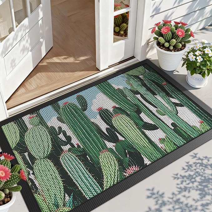 LUMI Outside Door Mat 32x47, Non Slip Rubber Backing Doormat, Low Profile Easy Clean Entrance Mats for Front Back Door Entryway Porch Garage, Cactus