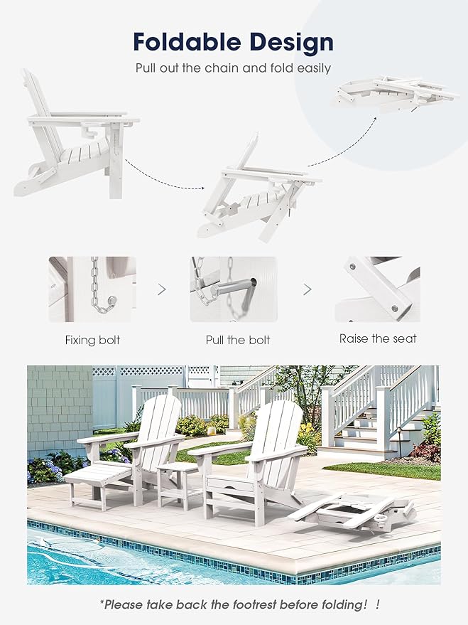 KINGYES Folding Adjustable Adirondack Chair with Retractable Ottoman Set of 6, HDPE All Weather Chair with Cup Holder - Recliner Adirondack Chair, White
