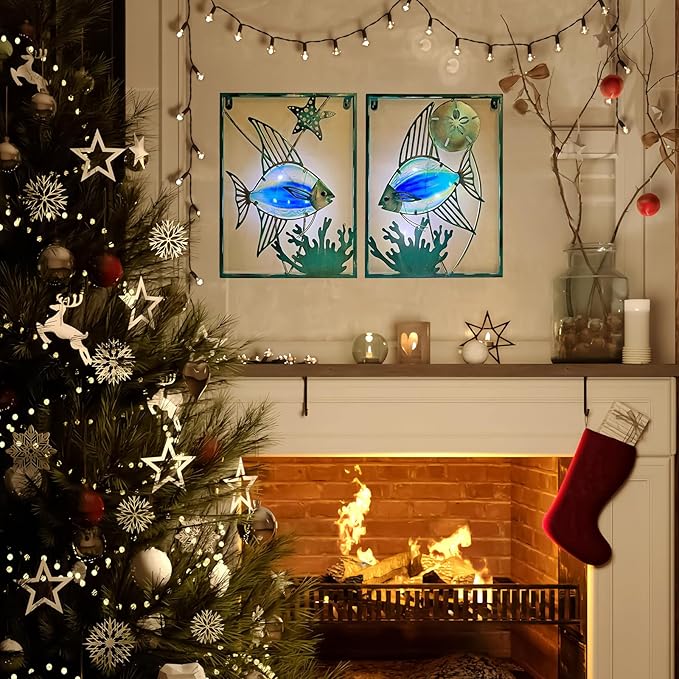 LIFFY Metal Fish Wall Decor with Frame-Outdoor Wall Art, Wall Decor with LED Fairy Lights, Fish Glass Art Wall Sculpture for Patio,Beach,Garden,Yard,Pool,home gift(2pcs, Blue)