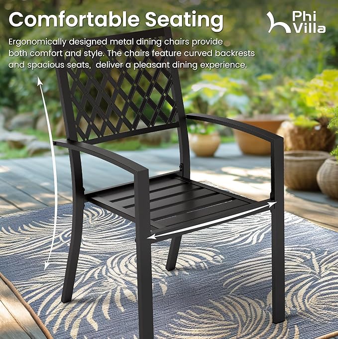 PHI VILLA 3 Piece Outdoor Bistro Dining Set, Metal Steel Round Table & Stacking Iron Chairs, Small Furniture Conversation Set for Porch, Deck, Balcony,Patio