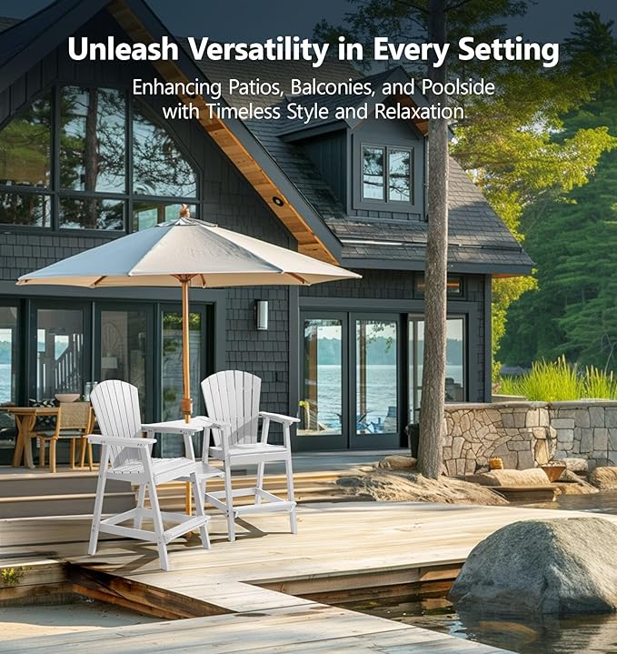 PASAMIC Tall Adirondack Chairs Set of 4, All-Weather HDPE Patio Chairs with Double Connecting Trays, Bar Height Heavy-Duty Outdoor Chairs for Garden, Backyard, Balcony, White