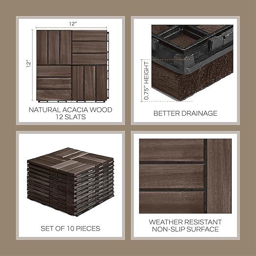 10 Pcs Deck Tiles, Patio Flooring - Outdoor Waterproof Acacia Wood Tiles for All Weather Use - Balcony, Backyard, Indoor & Outdoor (Espresso Crossed Pattern, 10 Square Ft)