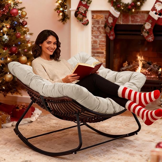 Rocking Papasan Chair, Oversized Outdoor Rocking Chair Rattan Rocking Chair with Deep Seat Thick Cushion, Patio Rocking Chair for Indoor/Porch/Garden (Beige & Black)