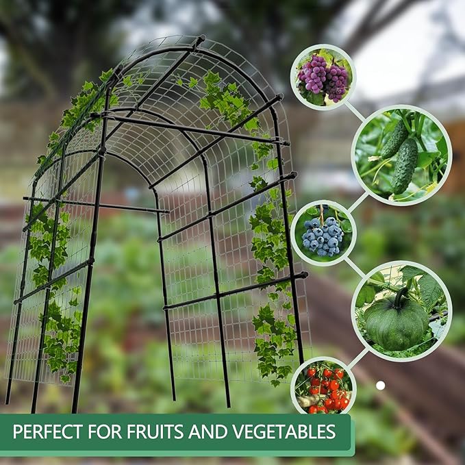 7.5FT Metal Garden Arch Trellis with Netting, Adjustable 35"–45" Arbor for Climbing Plants, Roses, Grapes & Vegetables, Weatherproof Steel Pergola with Ground Clips, Easy Fold-Out Assembly