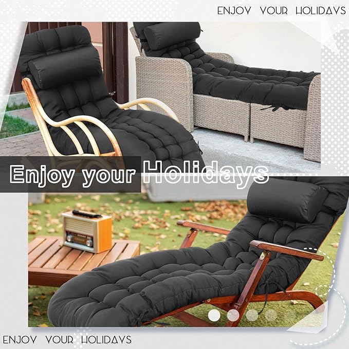 Tudomro 1 Pcs Grey 66'' Outdoor Chaise Lounge Cushion Waterproof Patio Lawn Pool Chaise Lounge Cushion with Headrest Pillow & Ties Weather Fade Resistant Replacement Longue Chair Pad