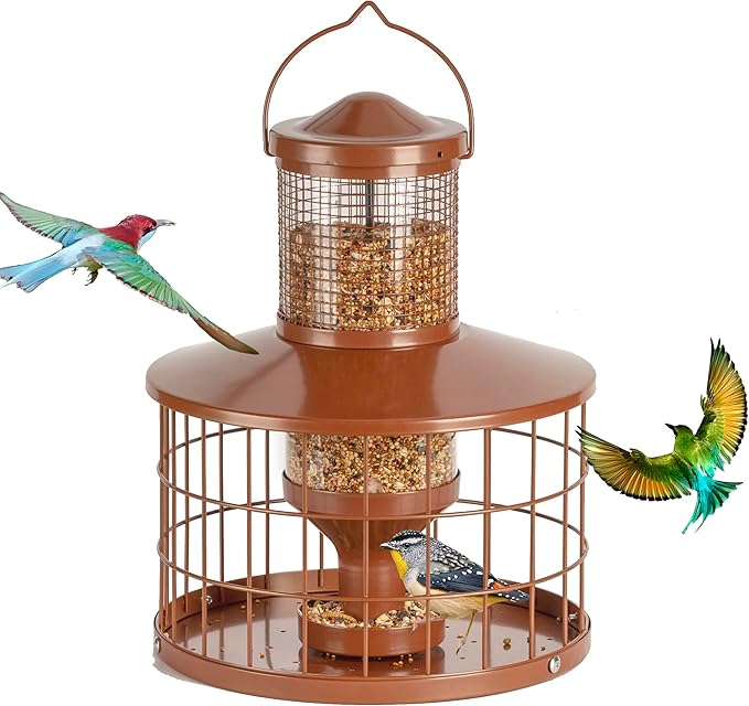 Caged Bird Feeders Squirrel-Proof, Metal, 2.8 Lbs Capacity-Cage Tube Seed Feeders with Tray Outdoor Hanging, Attract Birds,Detachable Cleaning, Starling Proof Wild Bird Feeder（Brown）