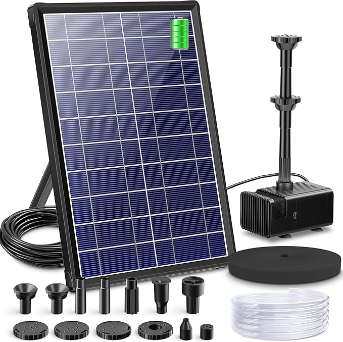 Biling 8W Solar Fountain Pump, Solar Water Pump with 3600mAh Battery Backup Work All Day, 5ft Tubing 5 Nozzles, Solar Fountain for Bird Bath, Garden Pond, Fish Tank and Hydroponics