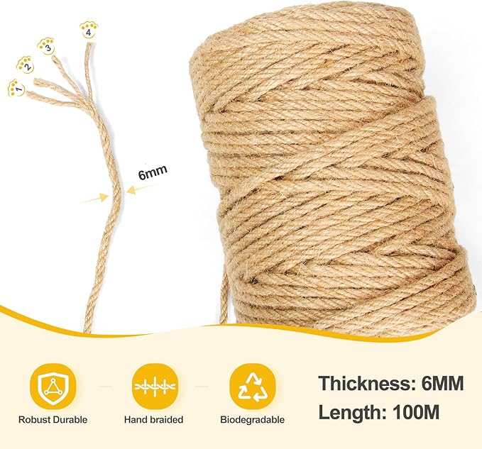 Jute Twine String - 328ft 6mm Eco-Friendly Heavy-Duty Cord for Crafts,Industrial Packaging & Garden | Natural Fiber Rope for DIY Decor,Bundling & Cat Scratchers