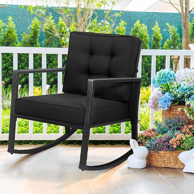 Tangkula Wicker Rocking Chair, Outdoor Glider Rattan Rocker Chair with Heavy-Duty Steel Frame, Patio Wicker Furniture Seat with 5” Thick Cushion for Garden, Porch, Backyard, Poolside (1, Black)