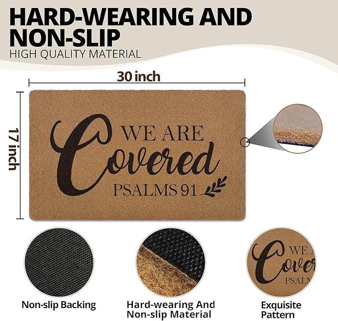 Christian Easter Door Mat, Christian Gifts, We are Covered Psalm 91 Doormat, Bible Verse Welcome Front Door Mat Indoor Outdoor Entrance, Scripture Artificial Coir Doormats for Patio, 30x17in