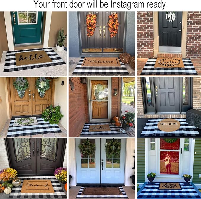 Buffalo Plaid Outdoor Rug 35.4'' x 59'' Black and White Front Door Mat Front Porch Rug Layered Welcome Door Mat for Front Porch Decor, Front Door, Farmhouse Decor,Entryway