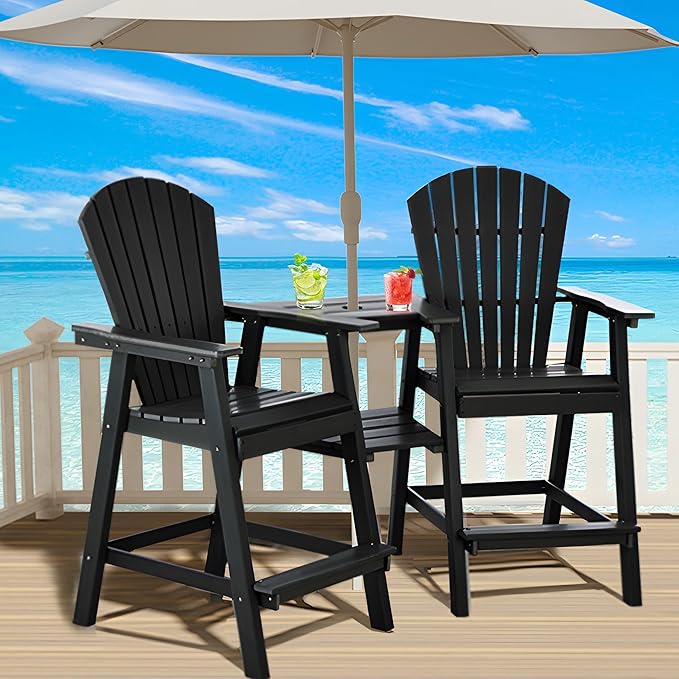 Tall Adirondack Chairs Set of 8, HDPE Balcony Chair with Double Connecting Tray, Weather Resistant Outdoor Adirondack Bar Stools for Patio, Deck, Patio, Backyard, Balcony. (Black)