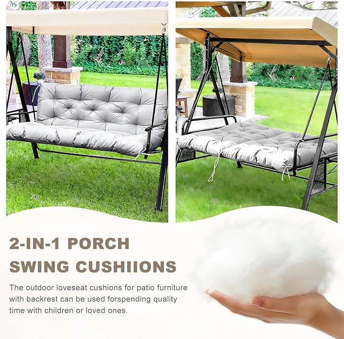 Porch Swing Cushion with Backrest,Waterproof Bench Cushion for Outdoor Furniture,2-3 Seater Replacement Thickened Swing Cushion with Ties,Patio,Outdoor,Backyard and Garden (Light Gray,47x40)