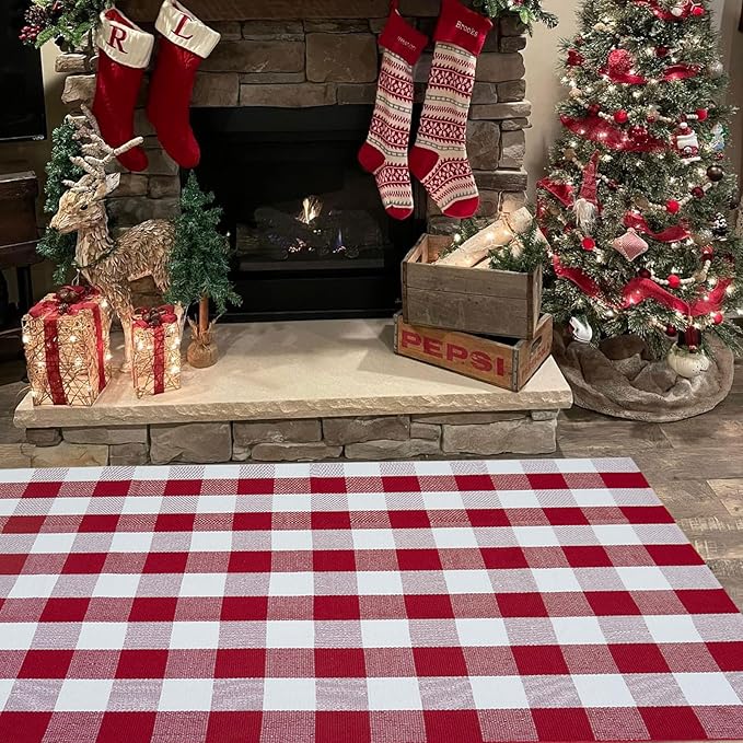 Christmas Outdoor Mat Buffalo Plaid Christmas Decor Rug Cotton Hand-Woven Layered Door Mats Washable Carpet for Front Porch, Kitchen, Farmhouse, Entryway
