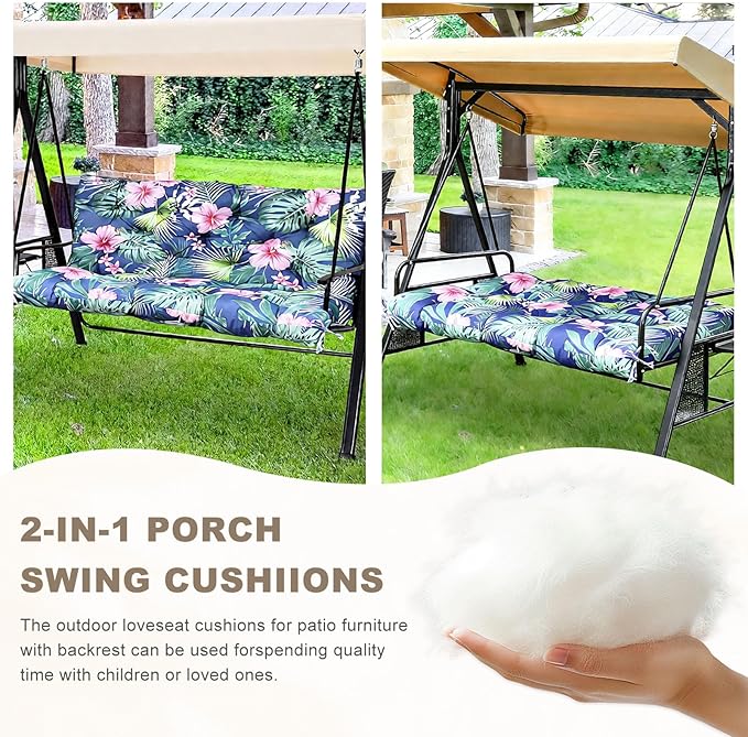 Porch Swing Cushion with Backrest,Waterproof Bench Cushion for Outdoor Furniture,2-3 Seater Replacement Thickened Swing Cushion with Ties,Patio,Outdoor,Backyard and Garden (Tropical Floral,47x40")