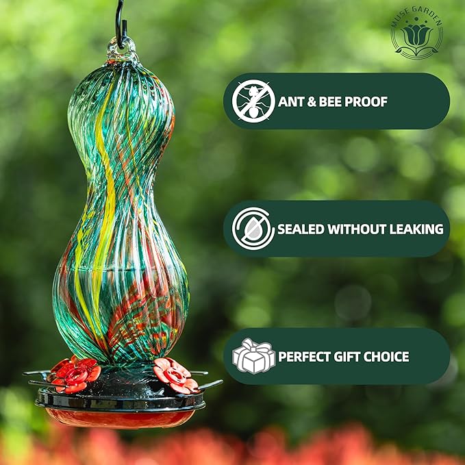 Hummingbird Feeder for Outdoors Hanging, Hand Blown Glass 24 OZ Capacity Hummingbird Bird Nectar Feeders with 4 Feeding Ports, Gifts for Women Mom Outside Garden Backyard Decor