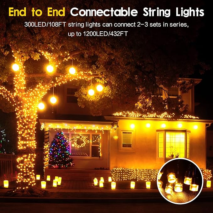 Techip 300 LED Christmas Lights Outdoor, Warm White Christmas Tree Lights Outside Waterproof Twinkle Lights Green Wire Connectable Plug in String Lights Indoor 108FT 8 Modes for Xmas House Decor