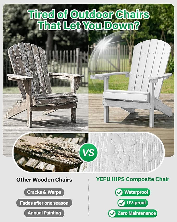 YEFU Adirondack Chairs Set of 6: Outdoor Chair HIPS Plastic Adirondack Chairs - Patio Chairs with Wood Texture - Lawn Fire Pit Deck Porch Garden Chairs for Adults(White)