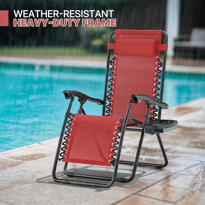 Magshion Zero Gravity Lounge Chairs Set of 2, Outdoor Patio Reclining Chair with Side Tray, Adjustable Anti-Gravity Recliners with Pillow Headrest, Folding Lounger for Lawn Camping Beach, Maroon