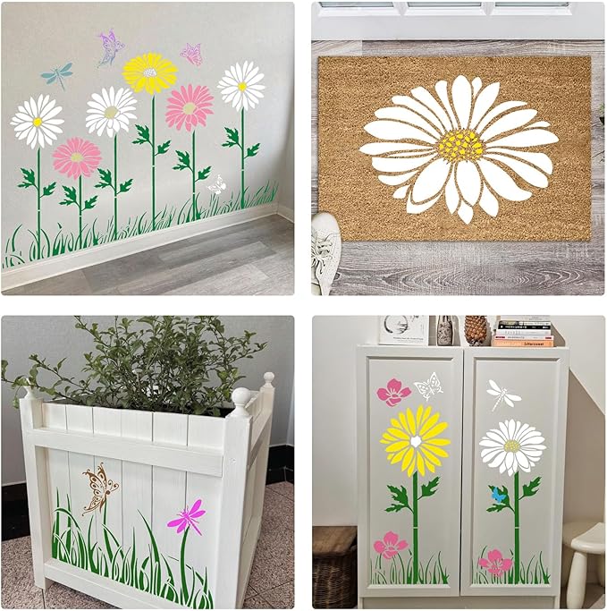 Large Flower Stencils for Painting, 8pcs Wall Stencils for Painting Large Pattern, Reusable Floral Butterfly Fence Stencils for Outdoors Garden Wood Walls DIY Crafts Home Canvas Furniture