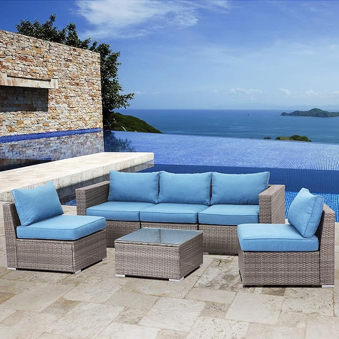 Solaste Wider 2 Pieces Outdoor Sofa, Patio Rattan Sectional Sofa, All-Weather Wicker Armless Patio Loveseat Furniture with Cushion for Porch Balcony Garden Poolside (Blue)