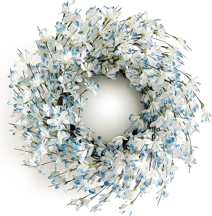 Blue Forsythia Spring Wreath for Front Door, 24 Inch Spring Wreath Blue Cream Cluster on Farmhouse Grapevine Blossom Cluster for Festival Celebration Front Door Wall Window Christmas Home Décor