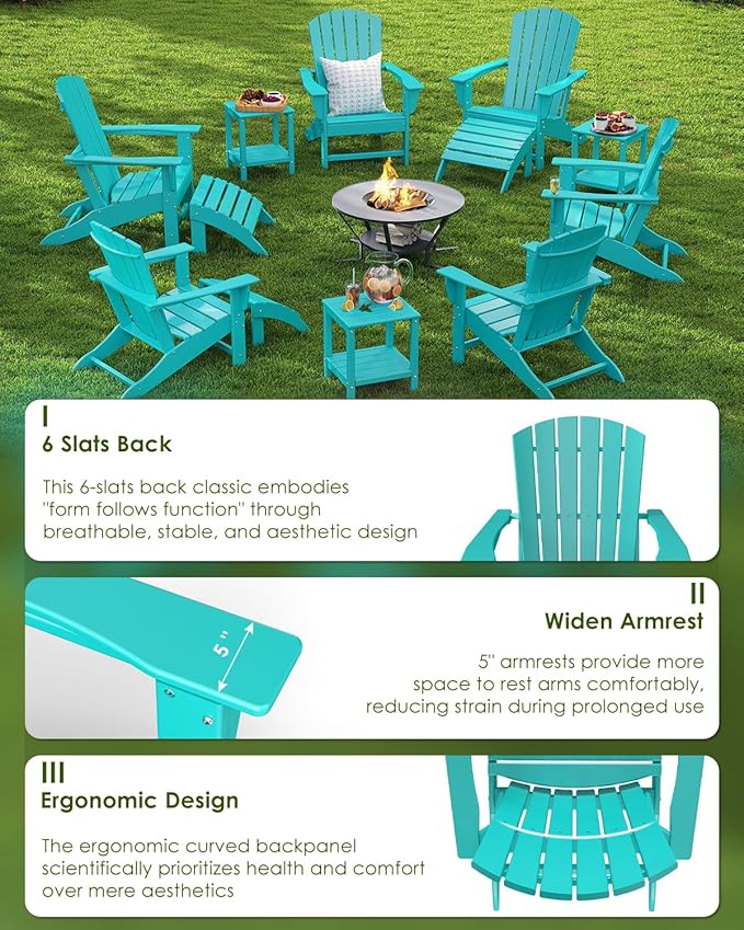 GREENVINES Adirondack Chairs Set of 2 | HDPE Plastic | Oversized Fire Pit Chair | All Weather | Aqua | Poly Lumber | for Outdoor Deck Backyard Patio Garden