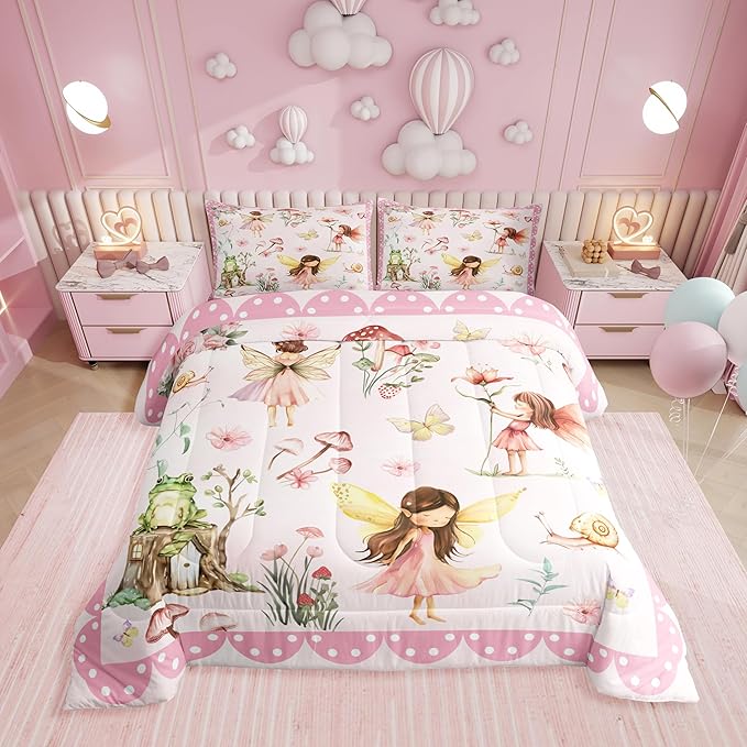 Erosebridal Dreamy Fairy Toddler Bedding Set,Pink Floral Garden Comforter Set for Girls Kids,Mushroom and Frog Comforter,Kawaii Flower Butterfly Bedroom Room Decor,1 Pillowcase Reversible