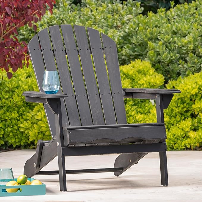Merax Folding Adjustable Acacia Wood Adirondack Chairs, Water Proof Outdoor Wooden Fire Pit Lounge Reclining Chair for Yard, Garden, Patio, Dark Gray