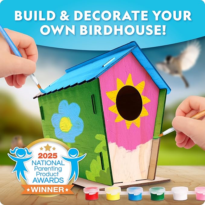 NATIONAL GEOGRAPHIC Creative Conservation™ Build Your Own Birdhouse Kit – DIY Wooden Birdhouse Craft with Paints, Brush, Bird-Watching Journal & Educational Poster for Kids, Bird House Craft