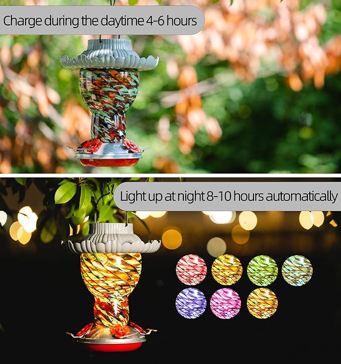 Solar Hummingbird Feeder for Outdoors Hanging Ant and Bee Proof, 25oz Color Changing Light Hand Blown Glass, Leakproof Garden Decor, Gitfs for Bird Lover (Multicolored)