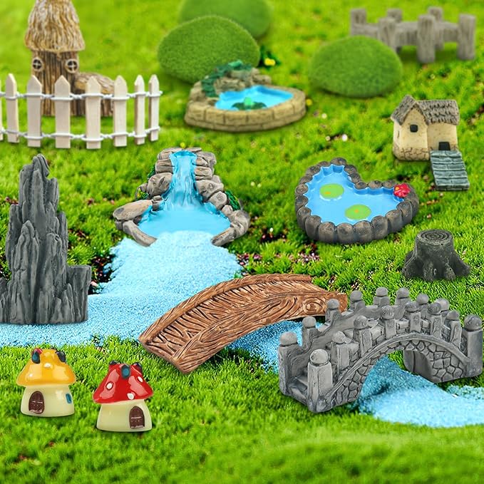 21 Pcs Fairy Garden Miniatures Accessories Bridge House Landscape Water Well Fence Figurines Pond Mushroom Lawn Garden Ornament for DIY Craft Succulent Decor