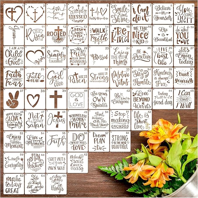 65Pcs Small Stencils for Painting on Wood BurningReusable, 3 Inch Reusable Stencil for Craft Ornament Paint Template Stencils for Wall Card Rock Wood Signs Coasters Canvas Home Decor (Bible Words)