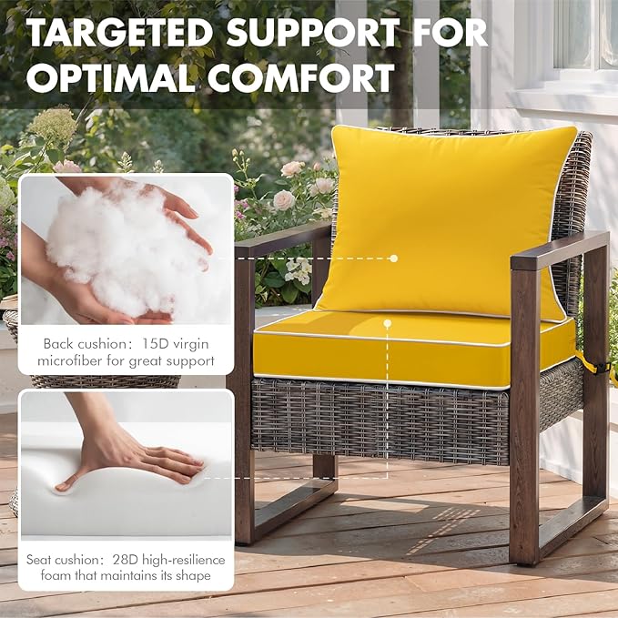 MIULEE Yellow Outdoor Seat Cushion 22x22 Inch Waterproof & 3 Year Fade Resistant Deep Seat and Back Cushion for Patio Furniture Chair Sofa Couch with Handle and Adjustable Straps