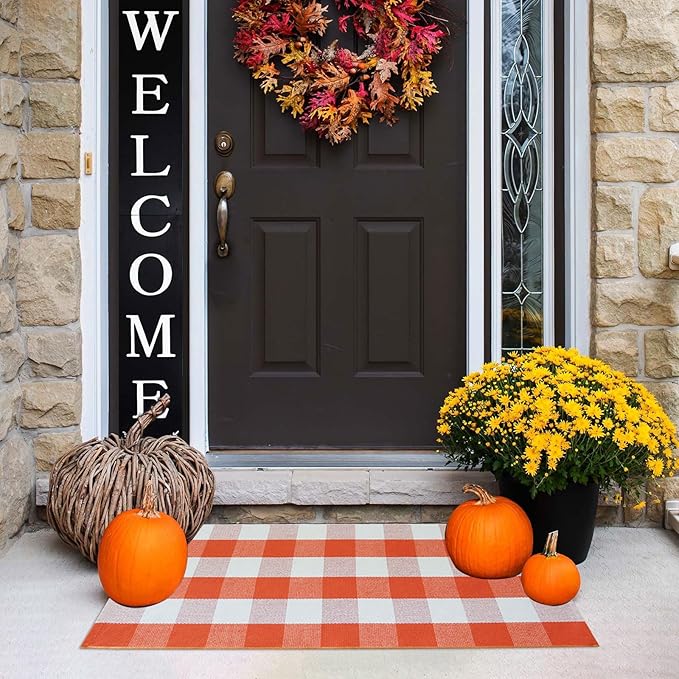 Fall Outdoor Rug Orange Buffalo Plaid Outdoor Rug Cotton Hand-Woven Buffalo Check Rug Layered Doormats for Front Door/Front Porch/Farmhouse/Entryway/Patio