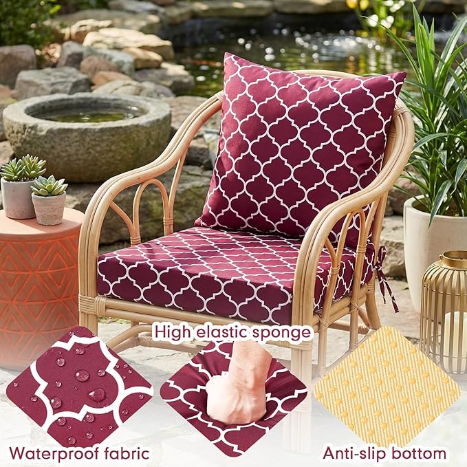 Hoteam 4 Set Outdoor Chair Patio Cushions Deep Seat Waterproof Chair Cushions 20 x 20 Inch for Patio Furniture Set Replacement Removable Seat and Back(Maroon Lantern)