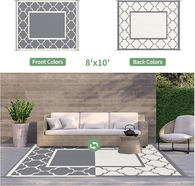 GENIMO 8 ' x 10 ' Outdoor Rug for Patio, Waterproof Indoor Outdoor Plastic Straw Rugs Carpet, Reversible Outside Area Mat for Camping, Balcony Porch, Deck, Picnic, Beach Grey & Beige White
