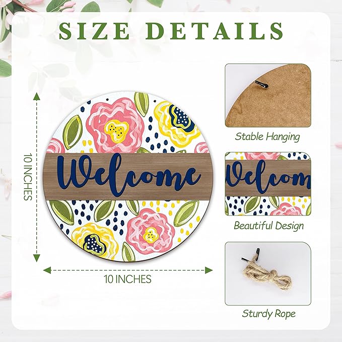 Spring Hanging Decor For Front Door, Colorful Floral Welcome Spring Round Sign Decor For Farmhouse Home Yard Porch, Hello Spring Decorations, Spring Wall Plaque Gifts For Friends Family -07