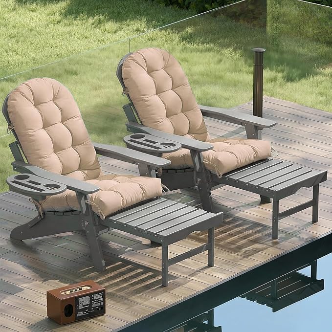 Adirondack Chair Cushion Set of 4, Thickened Patio Chair Cushions with Ties, Waterproof and UV-Protected Rocking Chair Cushion for Indoor and Outdoor, Khaki.