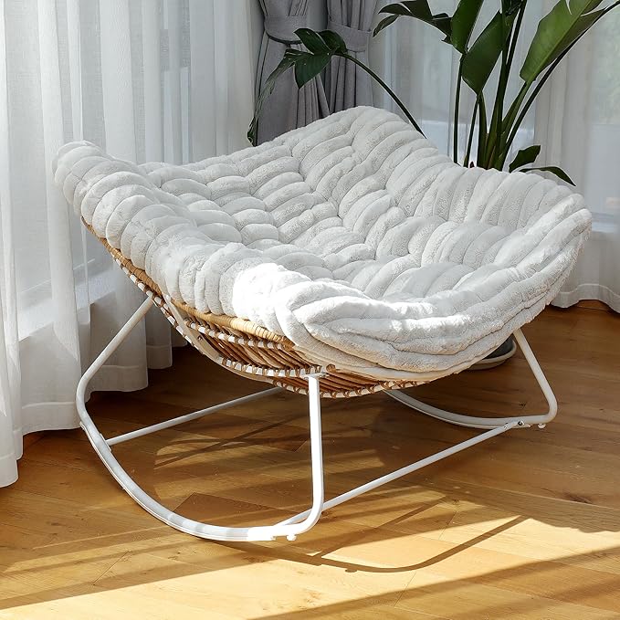Papasan Rocking Chair, Rattan Rocking Chair, Oversized Outdoor Chair with Deep Seat Thick Cushion, Patio Rocking Chair for Bedroom/Porch/Garden (Light Grey & White)