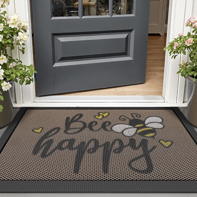 LUMI Outside Welcome Door Mat 17x30, Non Slip Durable Rubber Entrance Doormat, Low Profile Easy Clean Mats for Front Back Door Entryway Porch Garage, Bee Happy