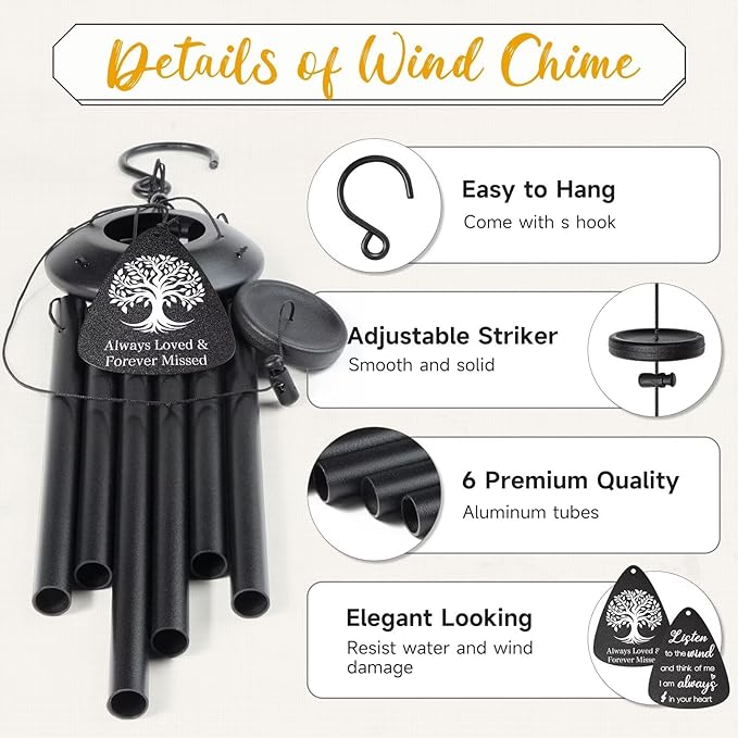 Memorial Gifts for Loss of Loved one, 25''Memorial Wind Chimes of Sympathy Gifts for Loss of Love one,Condolence/Bereavement/Remembrance Gift,Windchime in Memory,Funeral Decor for Garden Outside,Black