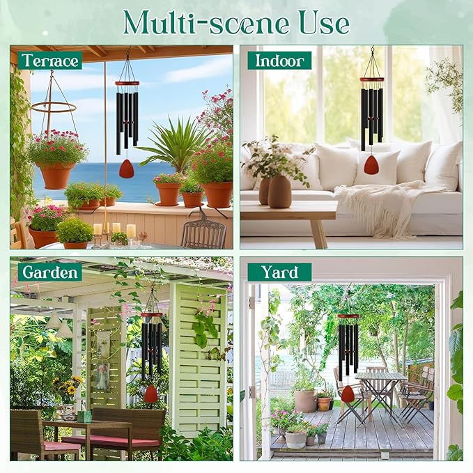 Leinuosen Wind Chimes for Outside Wind Chimes Outdoors Deep Tones 28" with 6 Aluminum Tubes Memorial Sympathy Windchime for Valentine Tree Decor Garden Courtyard Mom Loved One Gifts(Classic,Black)