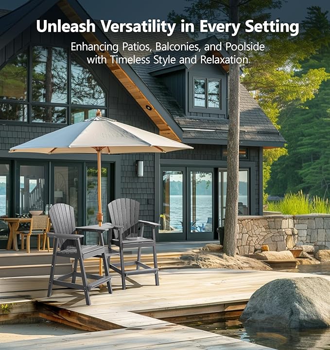 PASAMIC Tall Adirondack Chair Set of 2, All-Weather HDPE Outdoor Chairs with Removable Double Trays, Bar Height Adirondack Chairs for Balcony, Deck, Patio, Backyard, Light Gray